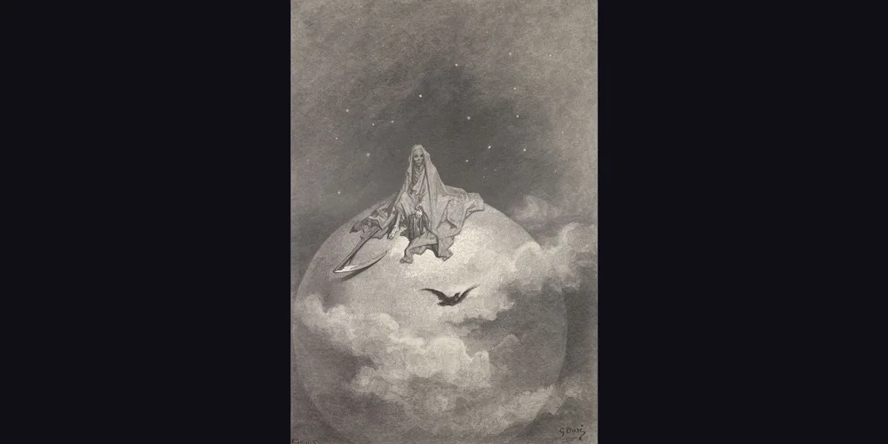 ギュスターヴ・ドレの版画。星空の下で雲に包まれた球体の上に大鎌を持つ死神が座り、その下を一羽の鴉が横切っている