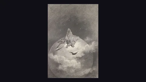 ギュスターヴ・ドレの版画。星空の下で雲に包まれた球体の上に大鎌を持つ死神が座り、その下を一羽の鴉が横切っている