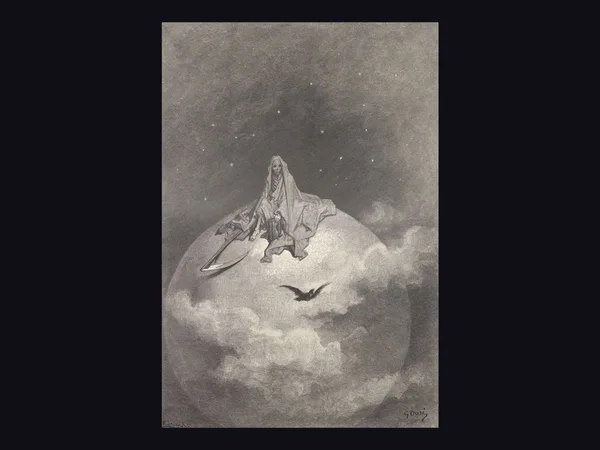 ギュスターヴ・ドレの版画。星空の下で雲に包まれた球体の上に大鎌を持つ死神が座り、その下を一羽の鴉が横切っている